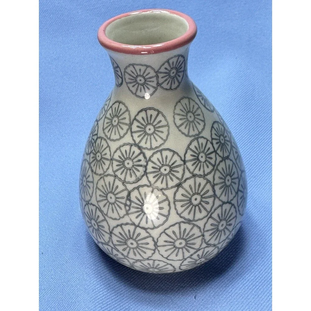 Bloomingville Mini Ceramic Vase 5” x 3”. Off White Bud vase W/Blue Flowers